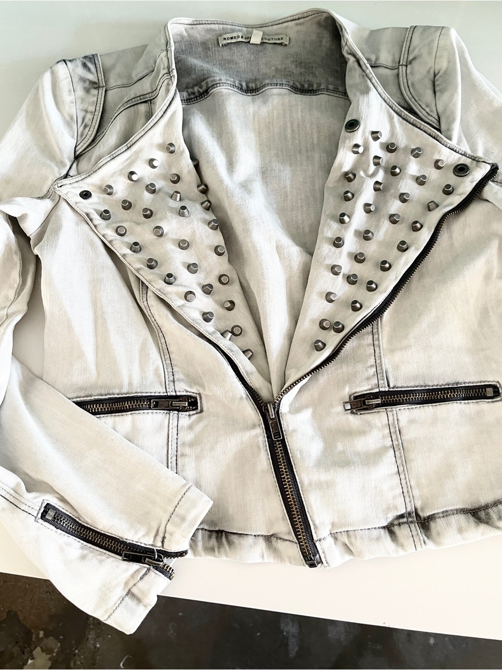 Romeo & Juliet Couture Vintage Silver Studded Moto Jacket in Acid Wash Grey